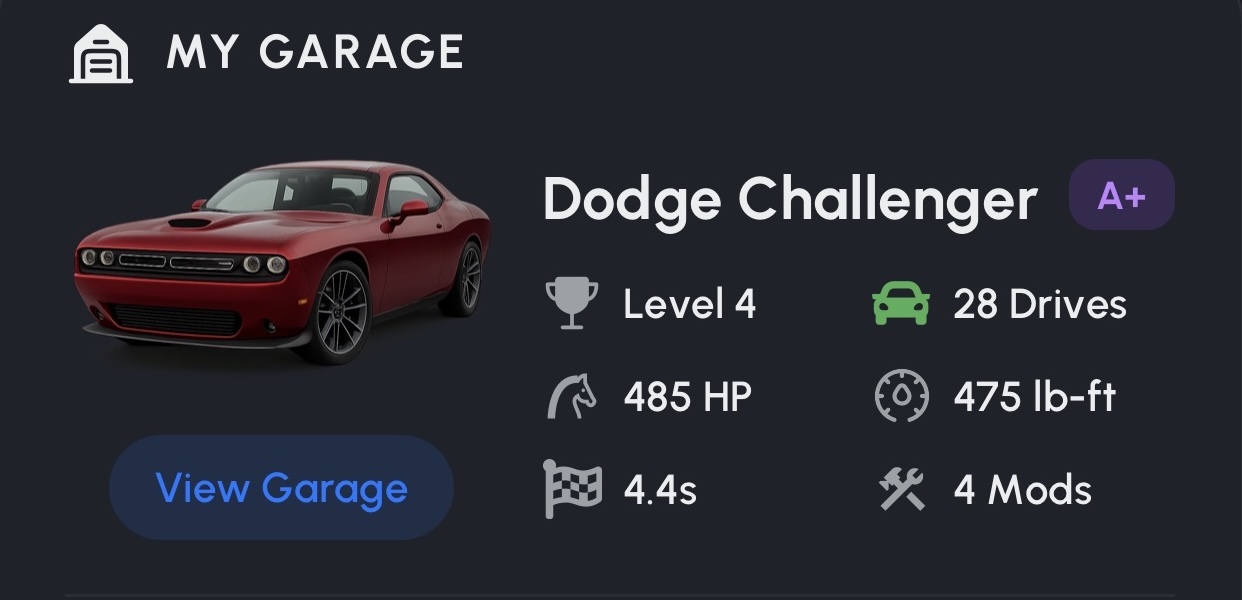 Modified car profile page showing mod list and progress photos in a garage app