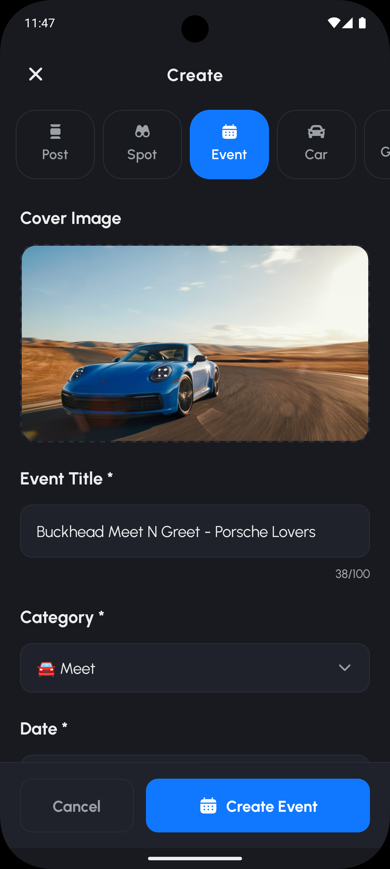 Spota event creation interface with options to add a cover image