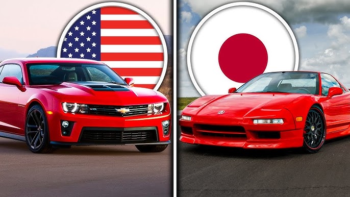 A modified Japanese import sports car parked nose-to-nose with a modified American muscle car at a car meet