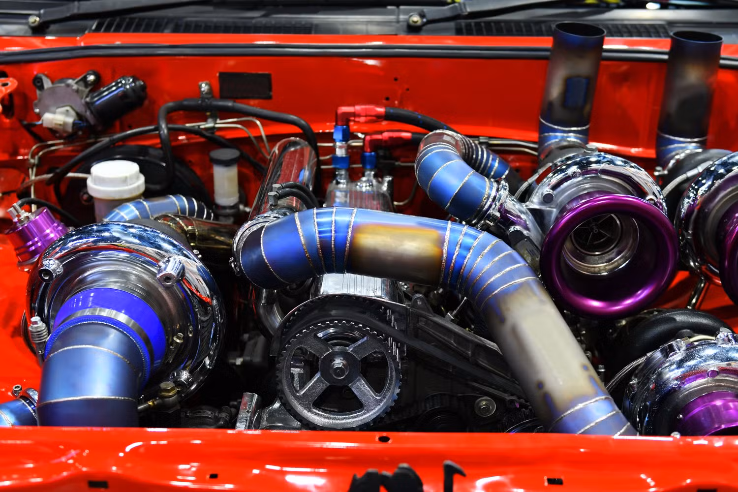 Turbocharged engine bay glowing with heat after a hard drive